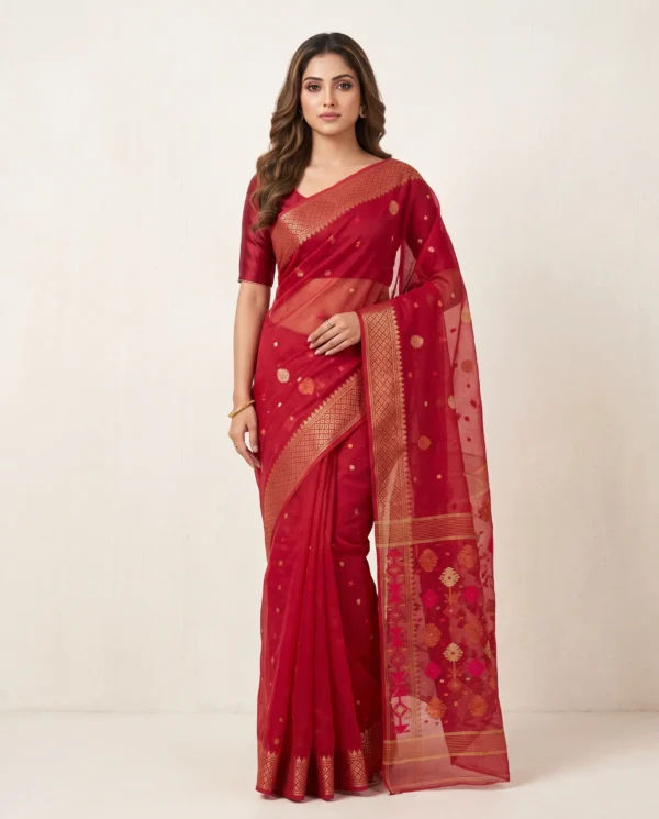 Classic Crimson Red Zari Jamdani Saree