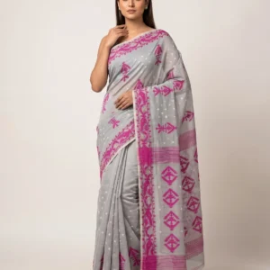 Silver Grey and Magenta Motif Jamdani Saree