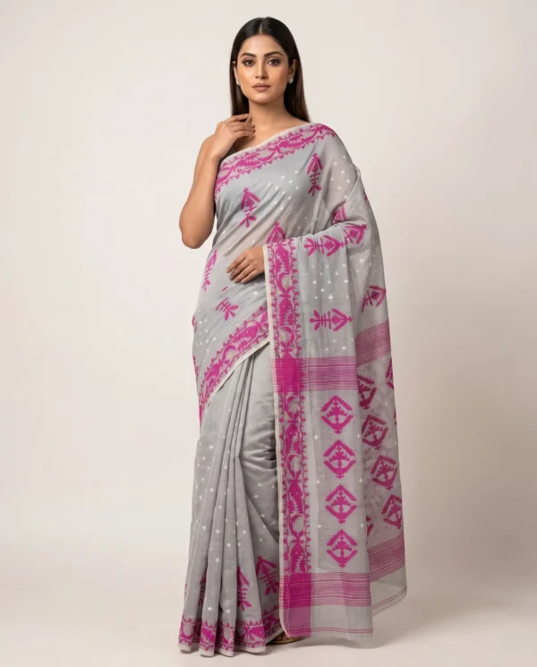 Silver Grey and Magenta Motif Jamdani Saree
