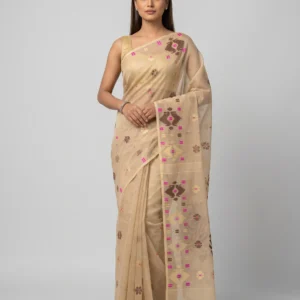 Champagne Beige Geometric Jamdani Saree