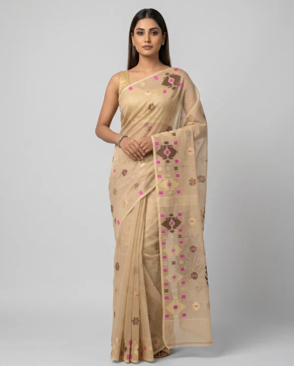 Champagne Beige Geometric Jamdani Saree