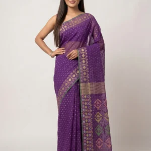 Regal Violet Gold-Woven Jamdani Saree