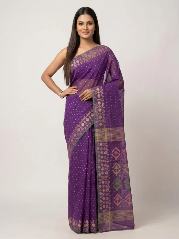 Regal Violet Gold-Woven Jamdani Saree