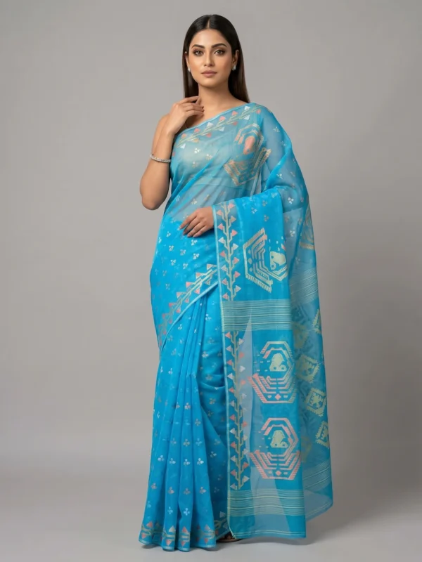 Azure Blue Geometric Jamdani Saree