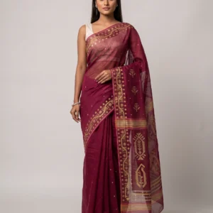 Maroon Golden Motif Jamdani Saree