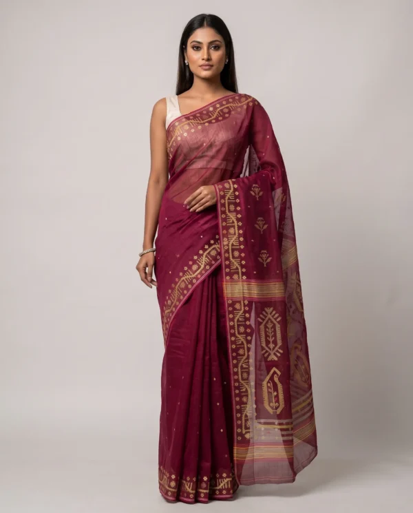 Maroon Golden Motif Jamdani Saree