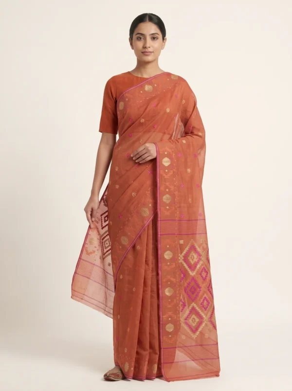 Terracotta Rust Geometric Jamdani Saree