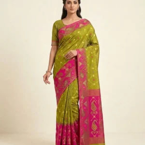 Olive Green & Pink Heritage Jamdani Saree