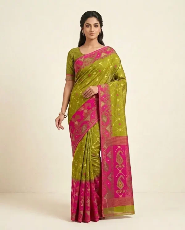 Olive Green & Pink Heritage Jamdani Saree