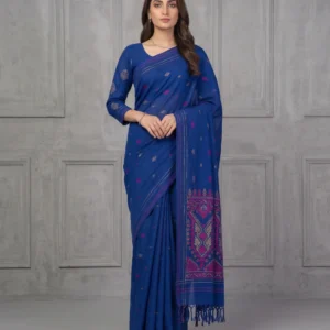 Royal Blue Geometric Motif Jamdani Saree