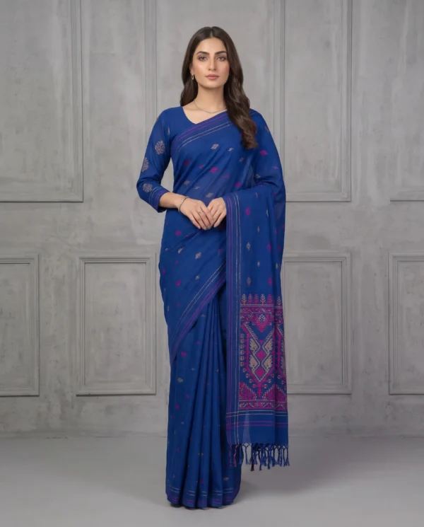 Royal Blue Geometric Motif Jamdani Saree