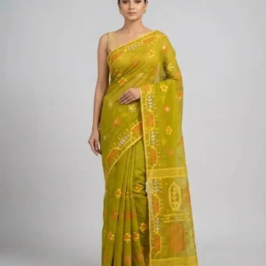 Golden Olive Green Floral Jamdani Saree