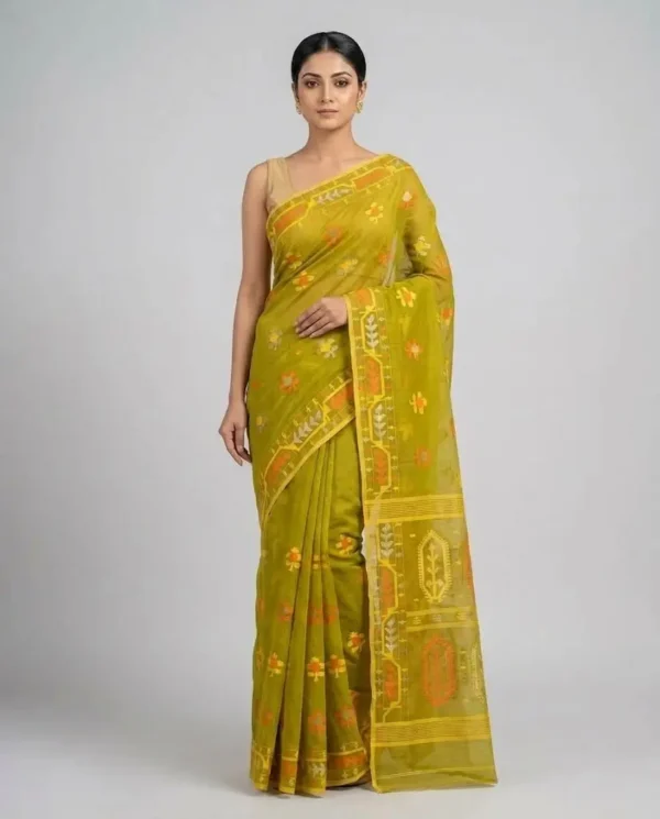 Golden Olive Green Floral Jamdani Saree