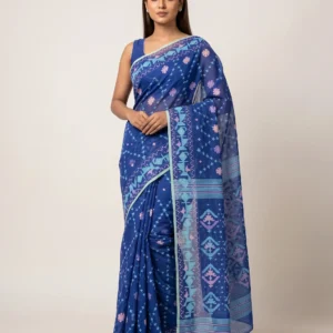 Royal Indigo Blue Geometric Jamdani Saree