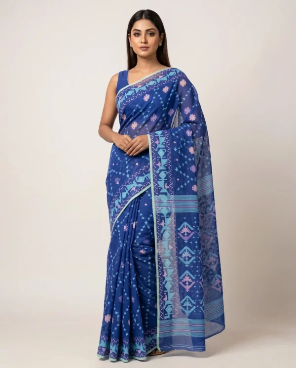 Royal Indigo Blue Geometric Jamdani Saree