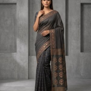 Charcoal Black Copper-Woven Jamdani Saree