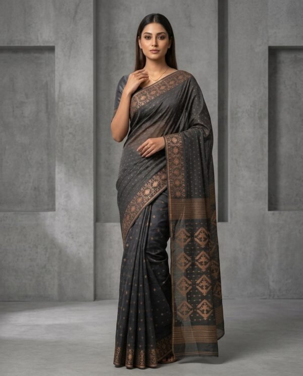 Charcoal Black Copper-Woven Jamdani Saree