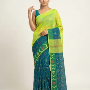 Dual-Tone Lime and Teal Geometric Jamdani Saree