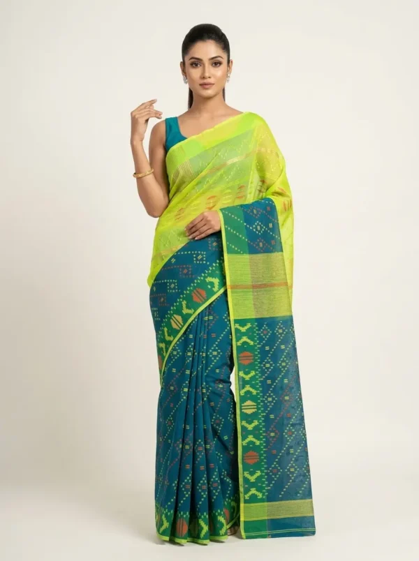 Dual-Tone Lime and Teal Geometric Jamdani Saree