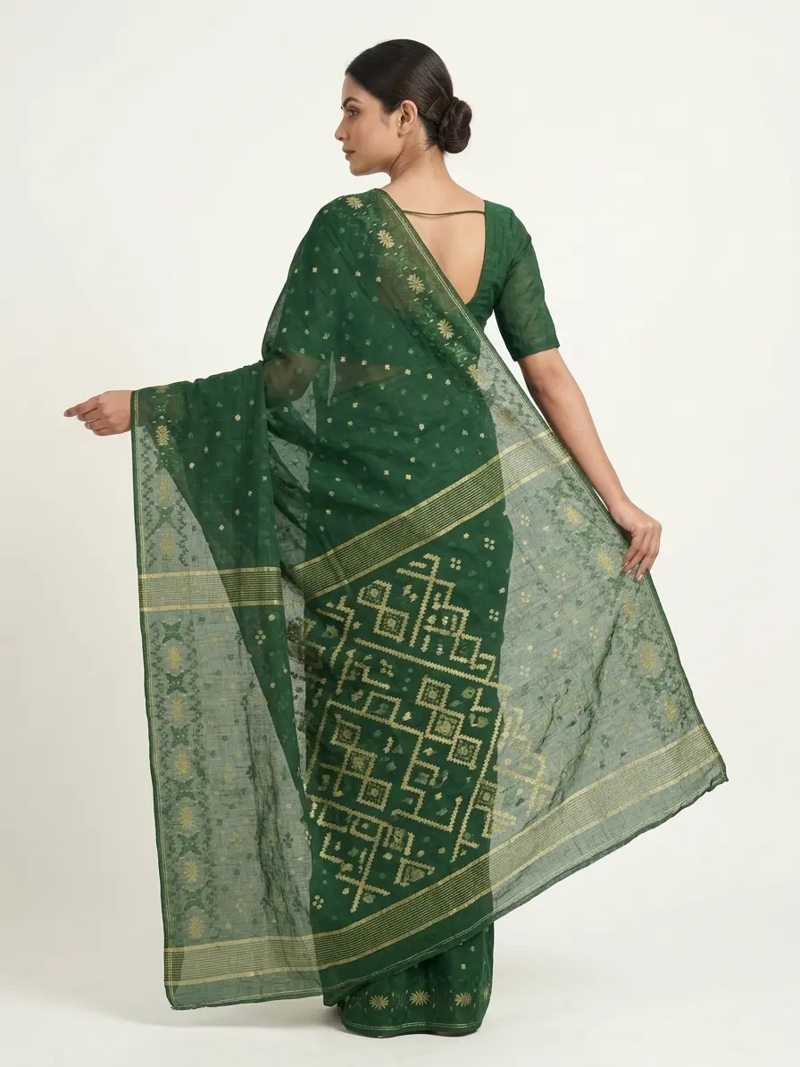 Emerald Green Zari-Woven Jamdani Saree - Image 2